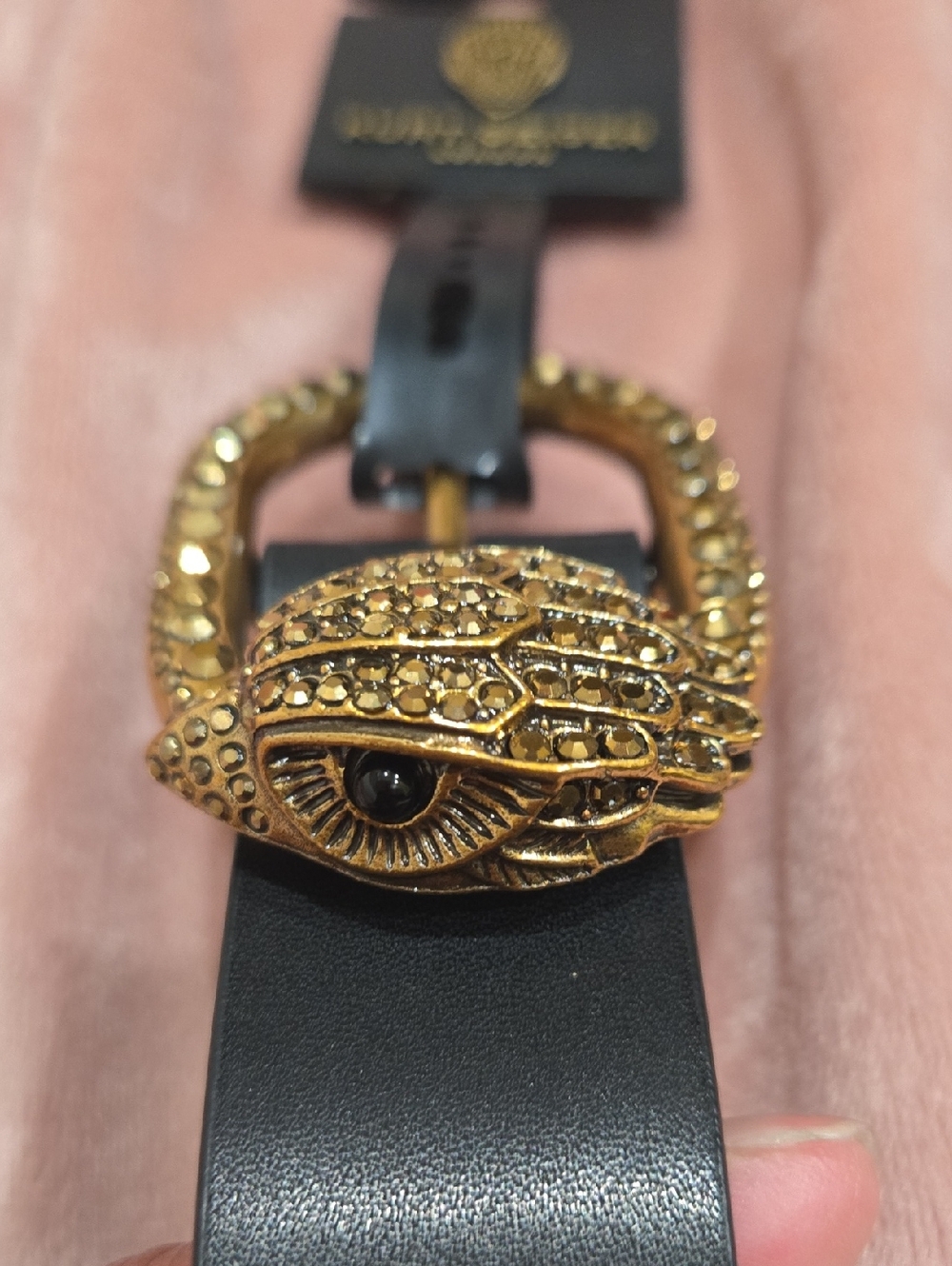 Kurt Geiger Black Leather Belt with Gold Crystal-Embellished Buckle